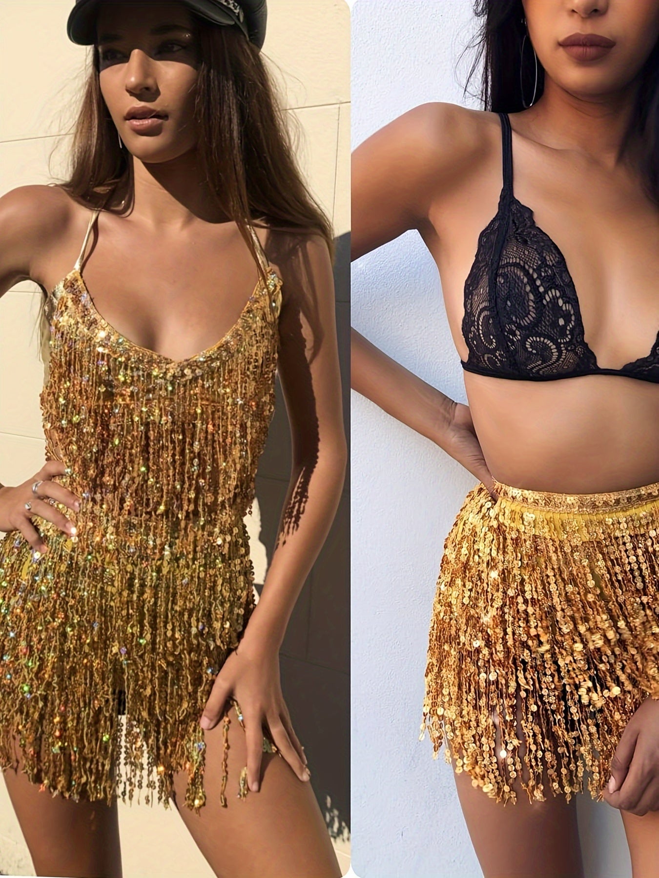 Golden Sequin Fringe Mini Skirt with Adjustable Waistband - Sexy Glamorous Party Dress for Nightclub, Disco, and Festive Occasions - 100% Polyester, Loose Fit, Hand Wash Only